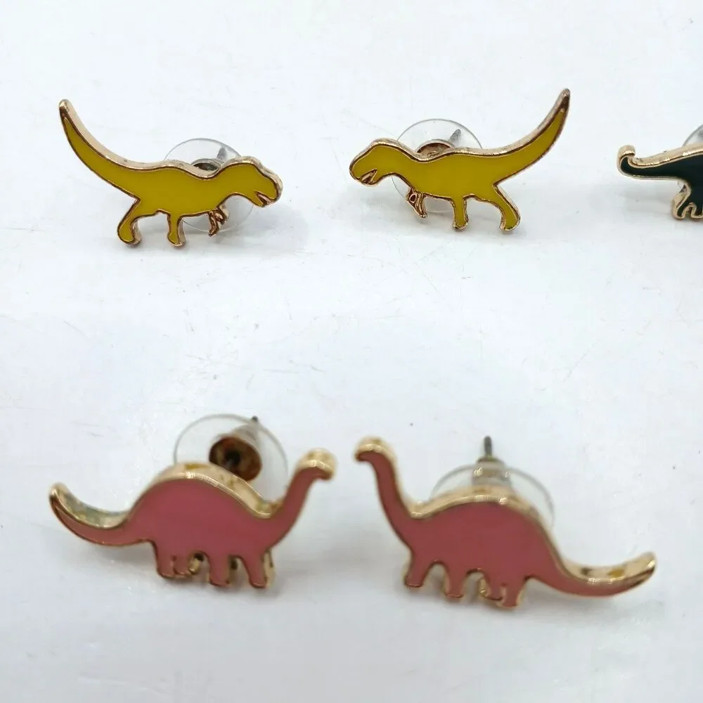 Dinosaur Pierced Earrings Set Enamel Gold Tone T-Rex Stegosaur Brachiosaurus+